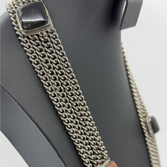 Vtg Multi Strand Pewter Chain Necklace Black Onyx Amber Color Stone Accents - Picture 3 of 16